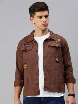 Voxati - Men's Denim Brown Solid Collar Neck Jacket