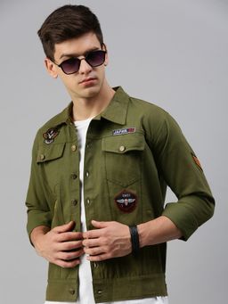 Voxati - Men's Denim Olive Solid Collar Neck Jacket