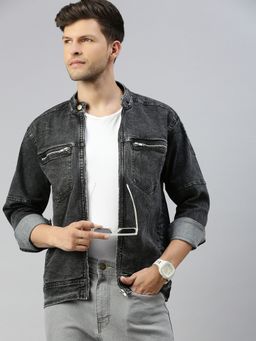 Voxati - Men's Grey Denim Solid Collar Neck Jacket