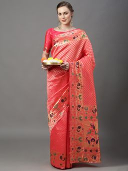 Akhilam - Womens Silk Blend Pink Woven Design Saree with Unstitched Blouse