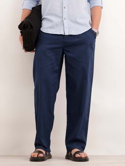 WROGN - Loose Fit Solid Linen Blend Men's Trouser Navy Blue