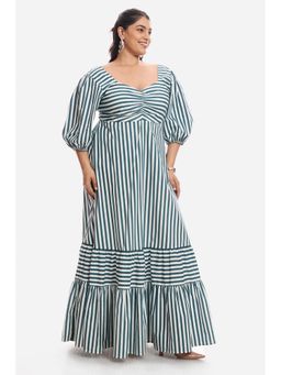 Virgio - Striped Cotton Dress with Puff Sleeves for Women Blue