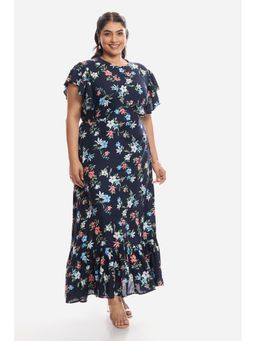 Virgio - Floral Viscose Frill Sleeve Dress for Women Navy Blue