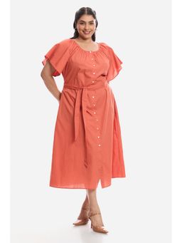 Virgio - Solid Cotton Dress with Extended Sleeves and Belt Women Orange