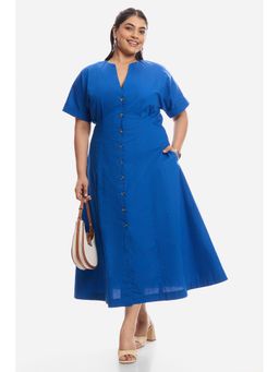 Virgio - Solid Cotton Pleated Plus Size Shirt Dress for Women Blue