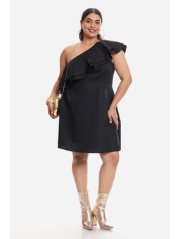 Virgio - Solid Cotton One Shoulder Dress with Ruffles for Women Black
