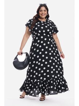 Virgio - Polka Dots Viscose Frill Sleeve Dress for Women Black