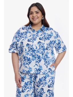 Virgio - Floral Cotton Relaxed Boxy Fit Cropped Shirt for Women Blue