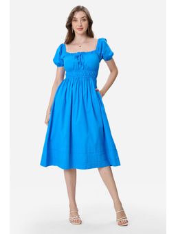 Virgio - Solid Cotton Puff Sleeves Dress for Women Blue