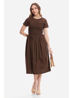 Virgio - Solid Cotton Smocked Bodice Dress for Women Brown