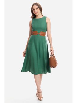 Virgio - Solid Linen A-Line Dress with Flared Hem for Women Green