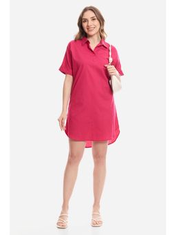 Virgio - Solid Cotton Curved Hem Relaxed Fit Dress for Women Pink