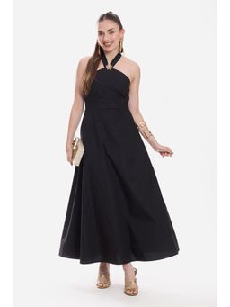 Virgio - Solid Cotton Halter Neck Dress for Women Black