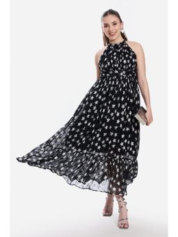 Virgio - Printed Viscose Halter Neck Tiered Dress for Women Black