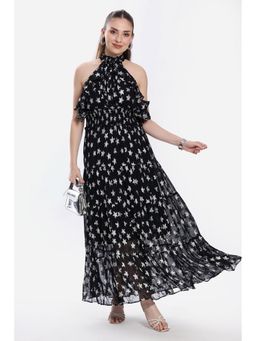Virgio - Printed Viscose Halter Neck Ruffle Dress for Women Black