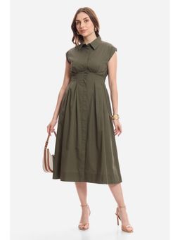 Virgio - Solid Cotton Fit and Flare Pleated Shirt Dress for Women Olive