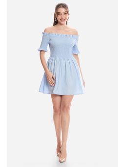 Virgio - Solid Cotton Off-Shoulder Dress for Women Blue