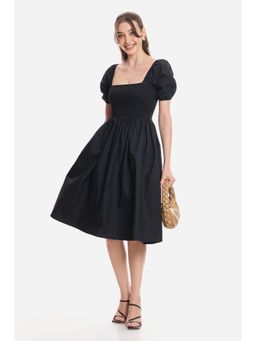 Virgio - Solid Cotton Smocked Fit and Flare Dress for Women Black