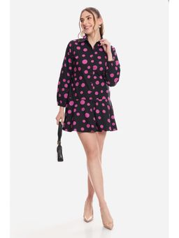 Virgio - Polka Dots Cotton Tiered Shirt Dress for Women Black