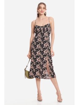 Virgio - Floral Cotton Dress with Slit for Women Black