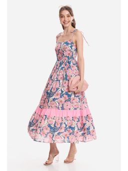 Virgio - Floral Cotton Tiered Dress for Women Blue