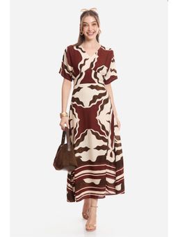 Virgio - Abstract Viscose Printed Empire Dress for Women Brown
