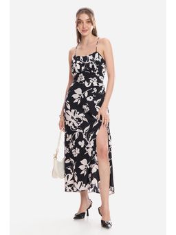 Virgio - Floral Viscose Printed Strappy Dress for Women Black