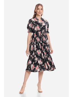 Virgio - Floral Viscose Printed Tiered Dress for Women Black