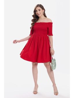 Virgio - Solid Cotton Off-Shoulder Dress for Women Red