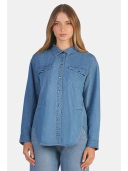 Virgio - Solid Cotton Denim Oversized Shirt for Women Blue