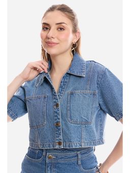 Virgio - Solid Cotton Cropped Denim Shirt for Women
