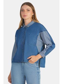 Virgio - Solid Cotton Denim Mix Dolman Shirt for Women Blue