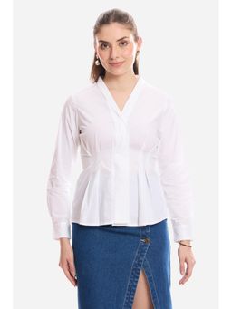 Virgio - Solid Cotton Pleated Fit and Flare Shirt for Women White