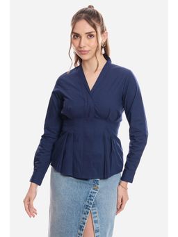 Virgio - Solid Cotton Pleated Fit and Flare Shirt for Women Navy Blue