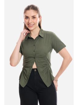 Virgio - Solid Cotton Shirt with Asymmetric Hem for Women Olive