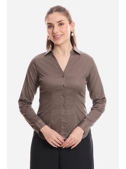Virgio - Solid Cotton Cinched Waist Full Sleeve Shirt for Women Brown