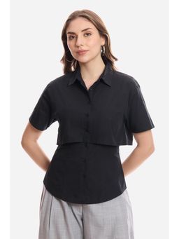 Virgio - Solid Cotton Double Layer Short Sleeve Shirt for Women Black