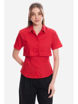 Virgio - Solid Cotton Double Layer Short Sleeve Shirt for Women Red