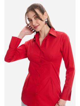 Virgio - Solid Cotton Slim Fit Shirt for Women Red