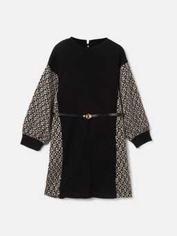 Blue Giraffe - Girls Black Geometric Round Neck Full Sleeves Dress