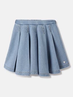 Blue Giraffe - Girls Solid Mid Rise Washed Denim Flare Pleated Skirt