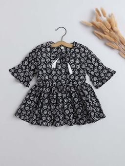 The Magic Wand - Girls Black Floral Printed With Tassels Top