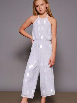 CHERRY CRUMBLE BY NITT HYMAN - Girls White Sleeveless Party Wear Sequin Jumpsuit