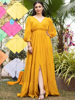 Lavanya The Label - Mustard Yellow Pleated Angrakha Style Floor Length Dress
