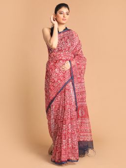 Indethnic - Maroon Printed Super Net Saree with Unstitched Blouse