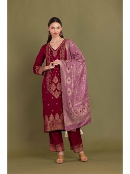 Safaa - Maroon Wool Woven Design Unstitched Dress Material with Dupatta (Set of 3)