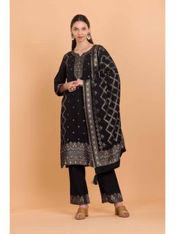 Safaa - Black Wool Woven Design Unstitched Dress Material with Dupatta (Set of 3)