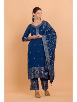 Safaa - Blue Wool Woven Design Unstitched Dress Material with Dupatta (Set of 3)