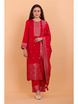 Safaa - Red Wool Woven Design Unstitched Dress Material with Dupatta (Set of 3)