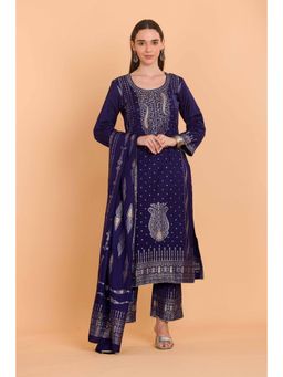 Safaa - Navy Blue Wool Woven Design Unstitched Dress Material with Dupatta (Set of 3)